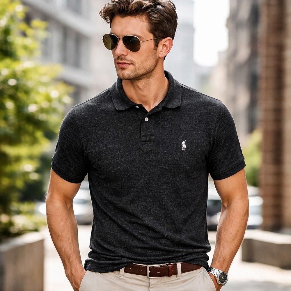 Polo Ralph Lauren Polo Shirt XL Slim Fit Black Heather Logo Fits Sz L Preppy